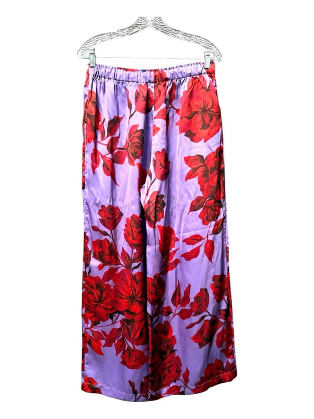 AZ x Net A Porter Factory Floral Print Satin Wide-Leg Pants Purple Red Rose NWOT - Picture 5 of 11